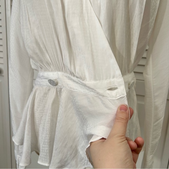 SOLD💗 Express White Satin Long Sleeve Faux Wrap Top Deep V-neck Ruffle Blouse - Picture 8 of 12